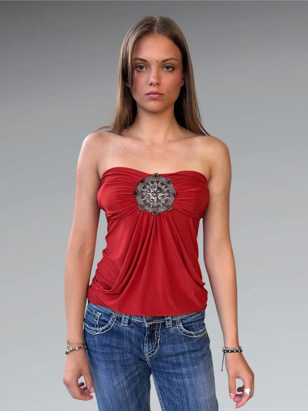 Orange Beaded Strapless Tube Top (S)