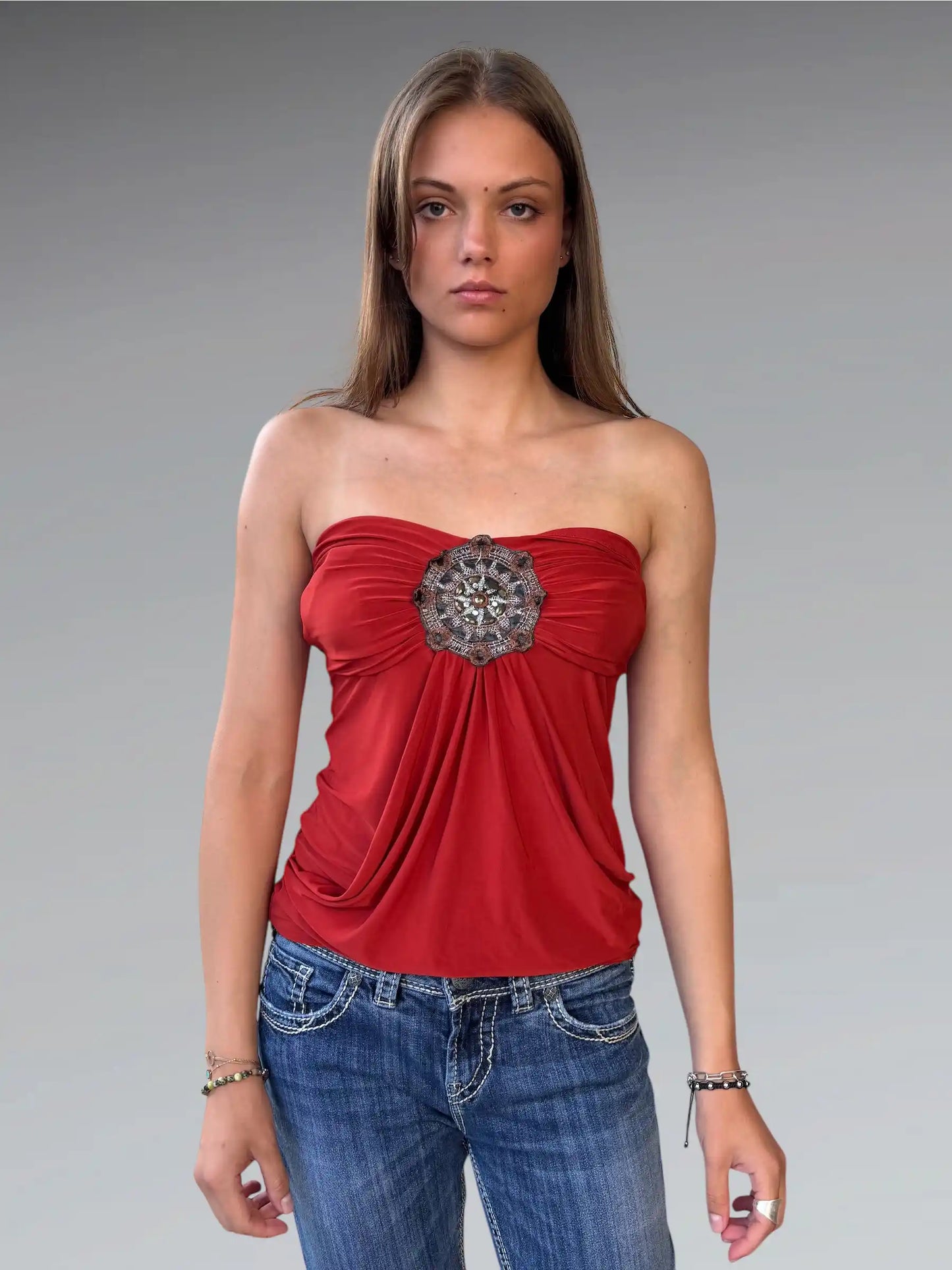 Orange Beaded Strapless Tube Top (S)