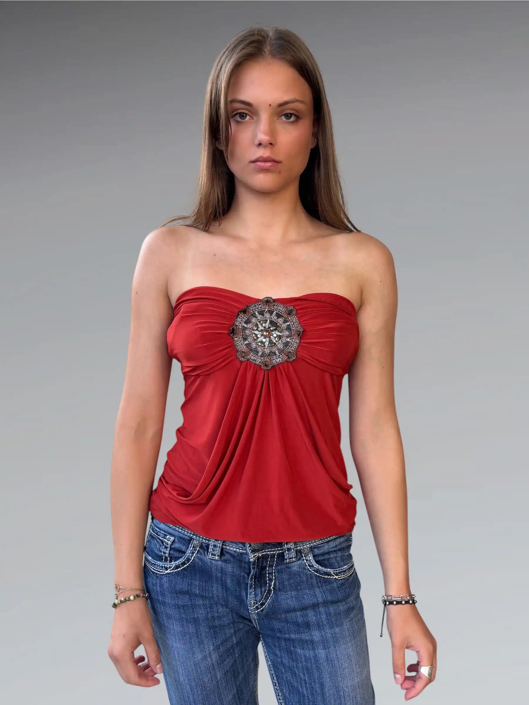 Orange Beaded Strapless Tube Top (S)