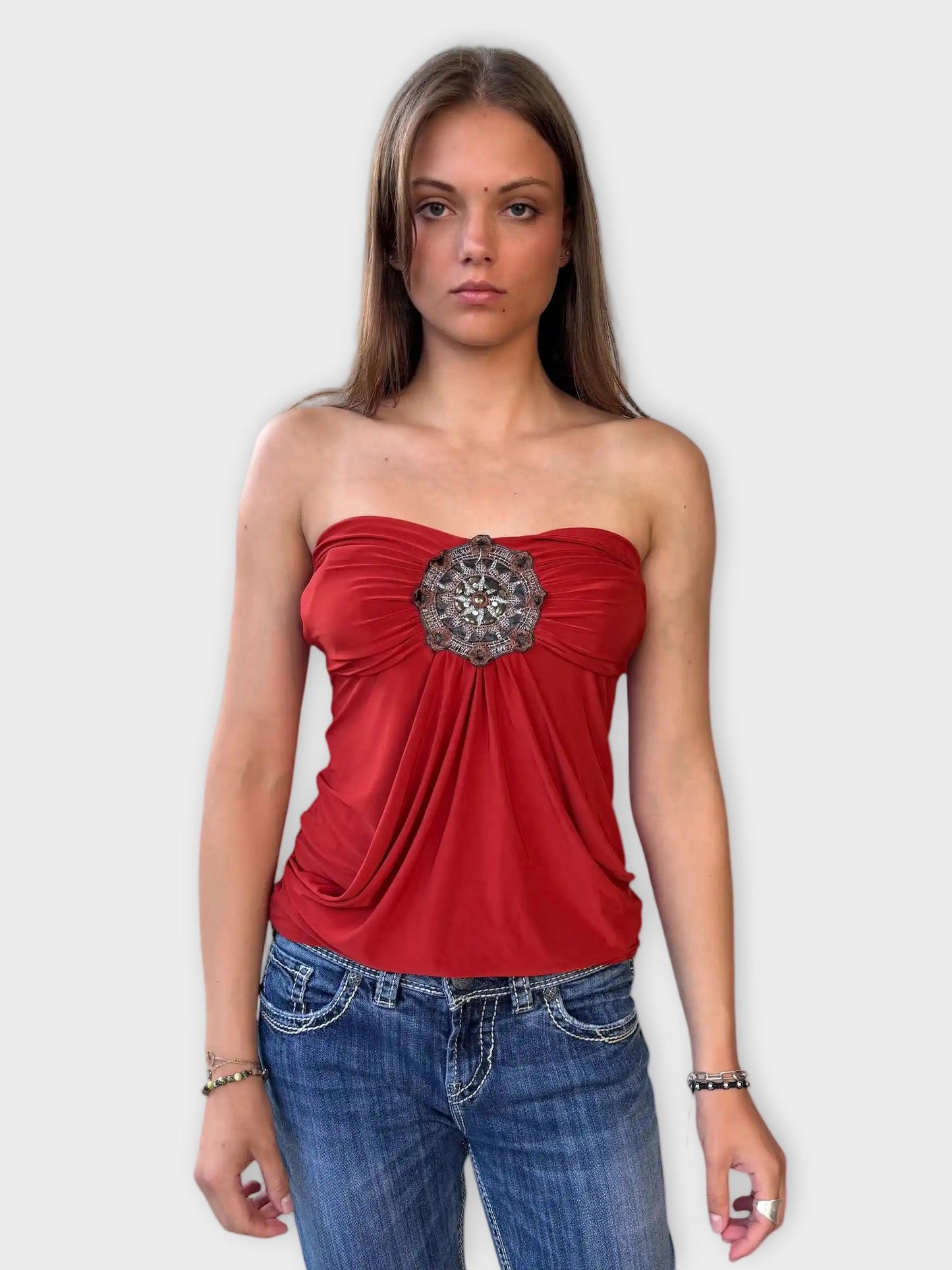 Orange Beaded Strapless Tube Top (S)