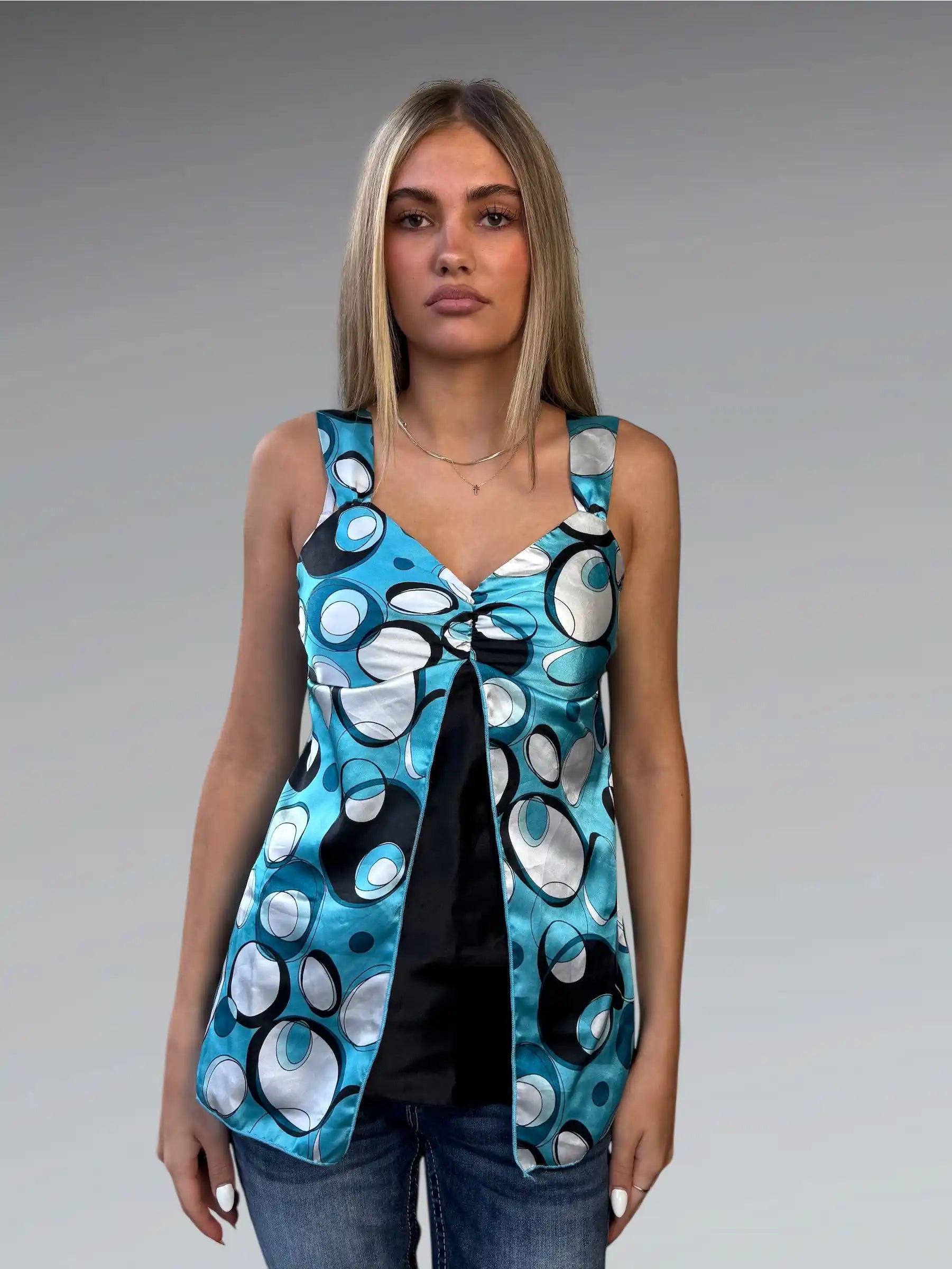 Light Blue Retro Circle Print Tunic Top (S)