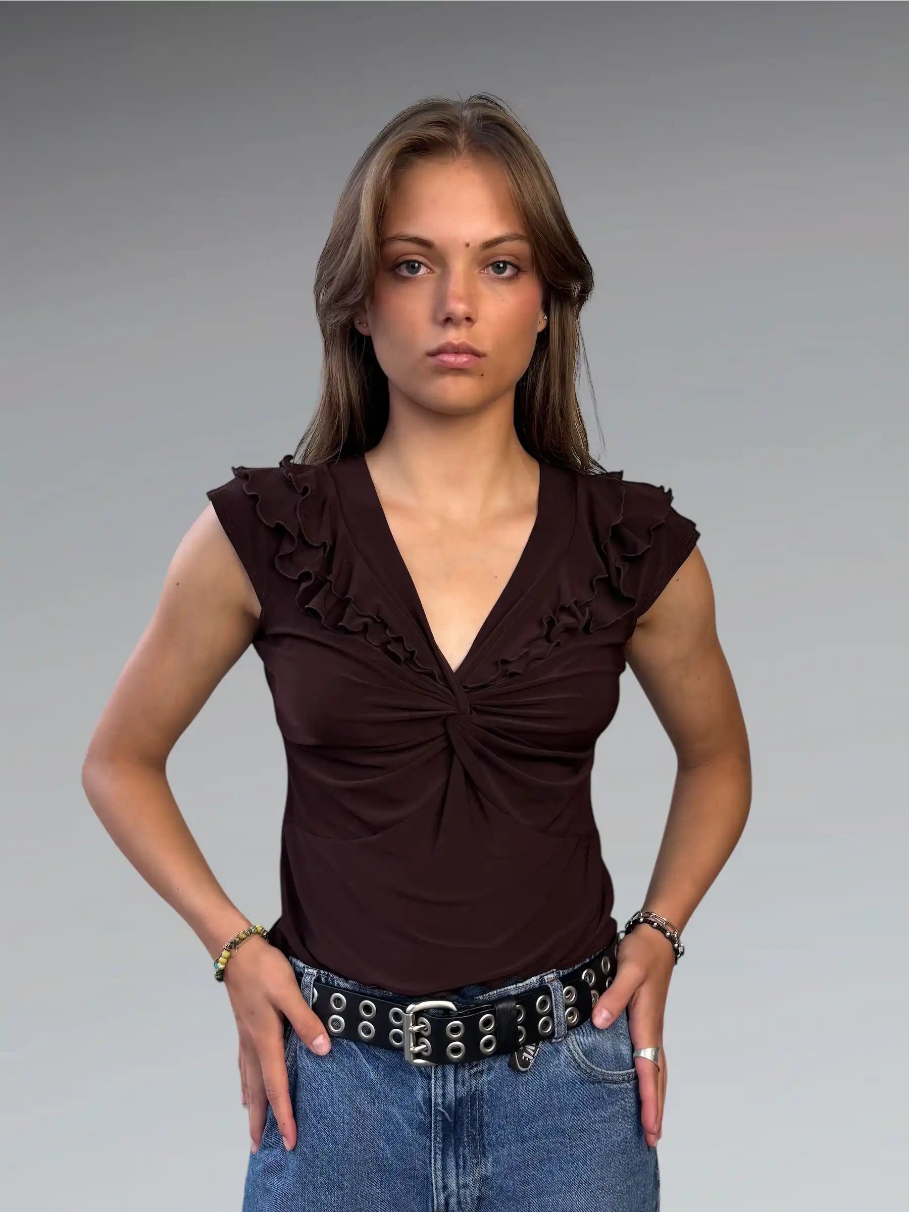 Brown Ruffle Detail Blouse (M)