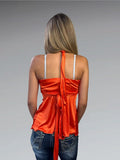 Beige satin halter top with black ribbon (M)