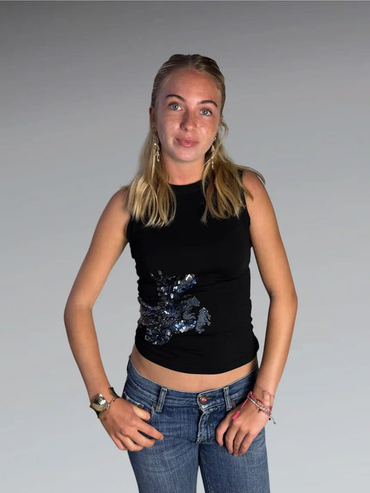 Black Sequin Horse Graphic Tank Top (S)