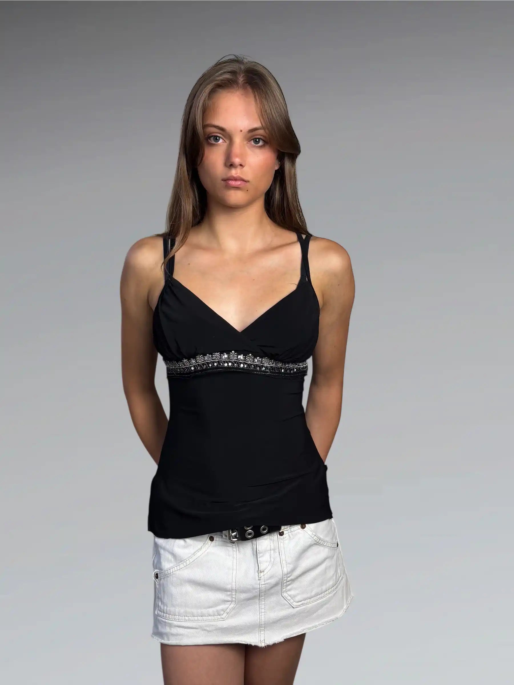 Black Embellished Empire Waist Top (S)
