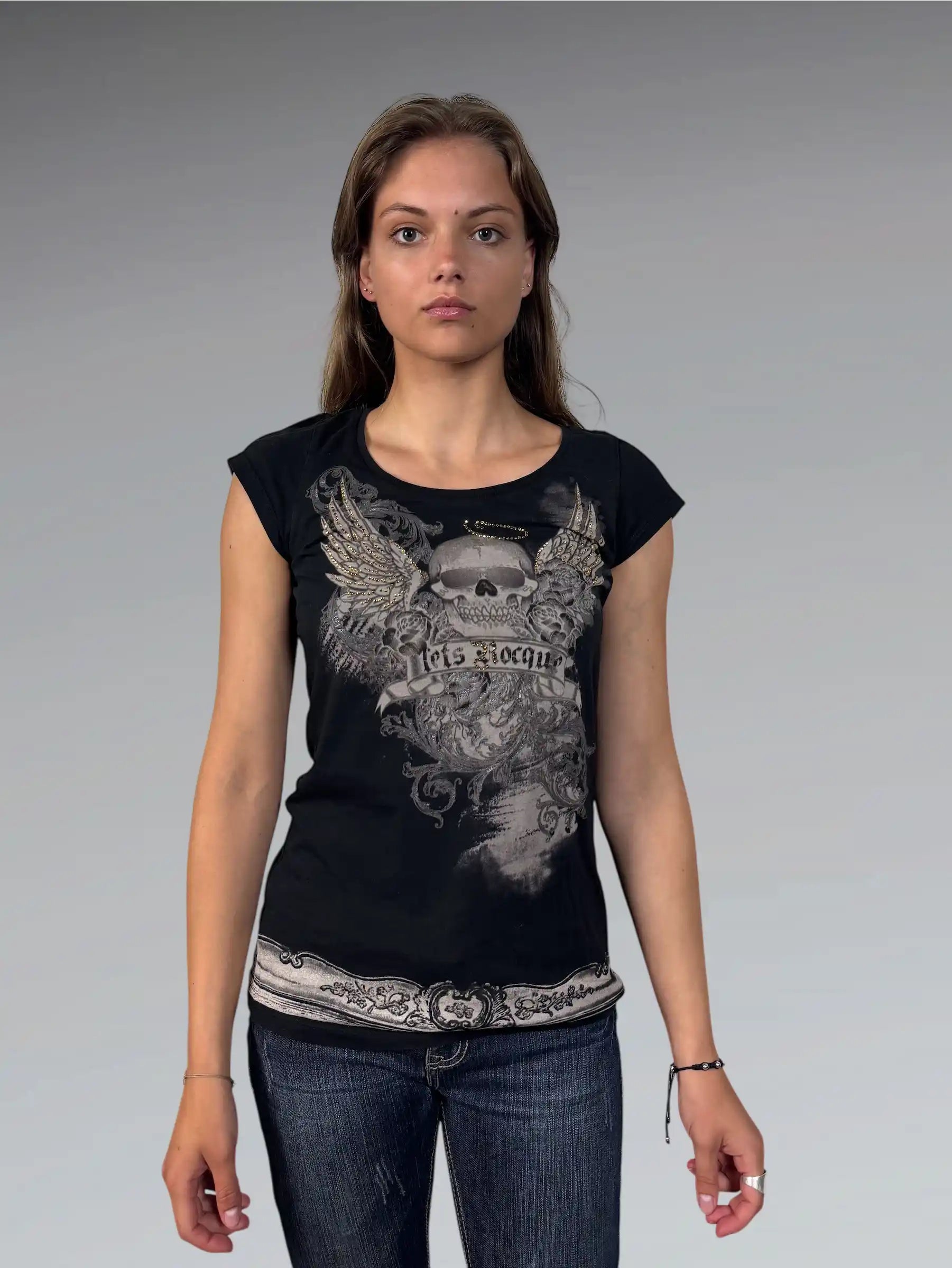 Y2K Black Skull Print Cotton Top (L)