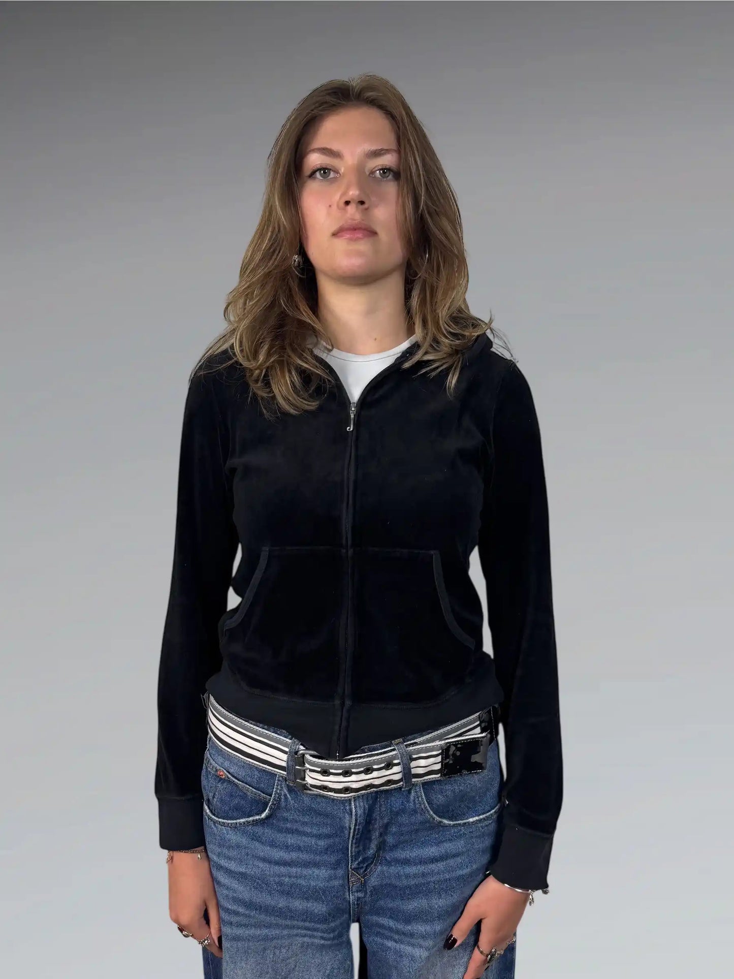 Black Juicy Couture Velour Hoodie with Chain-Trim JC Logo (L)