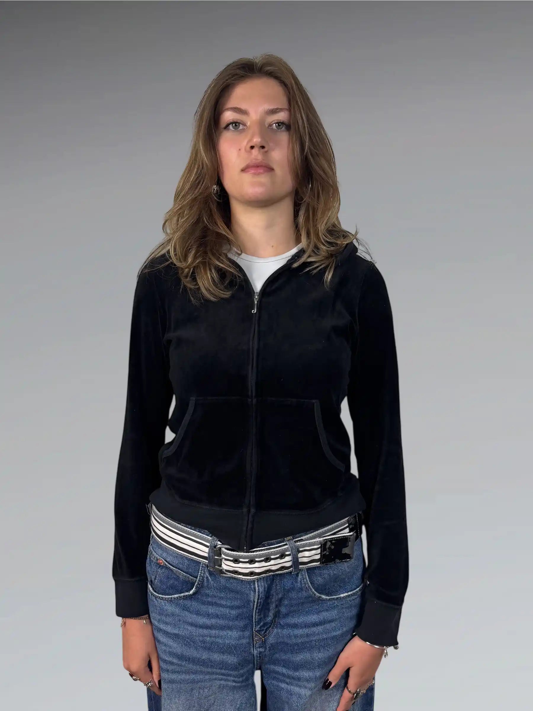 Black Juicy Couture Velour Hoodie with Chain-Trim JC Logo (L)