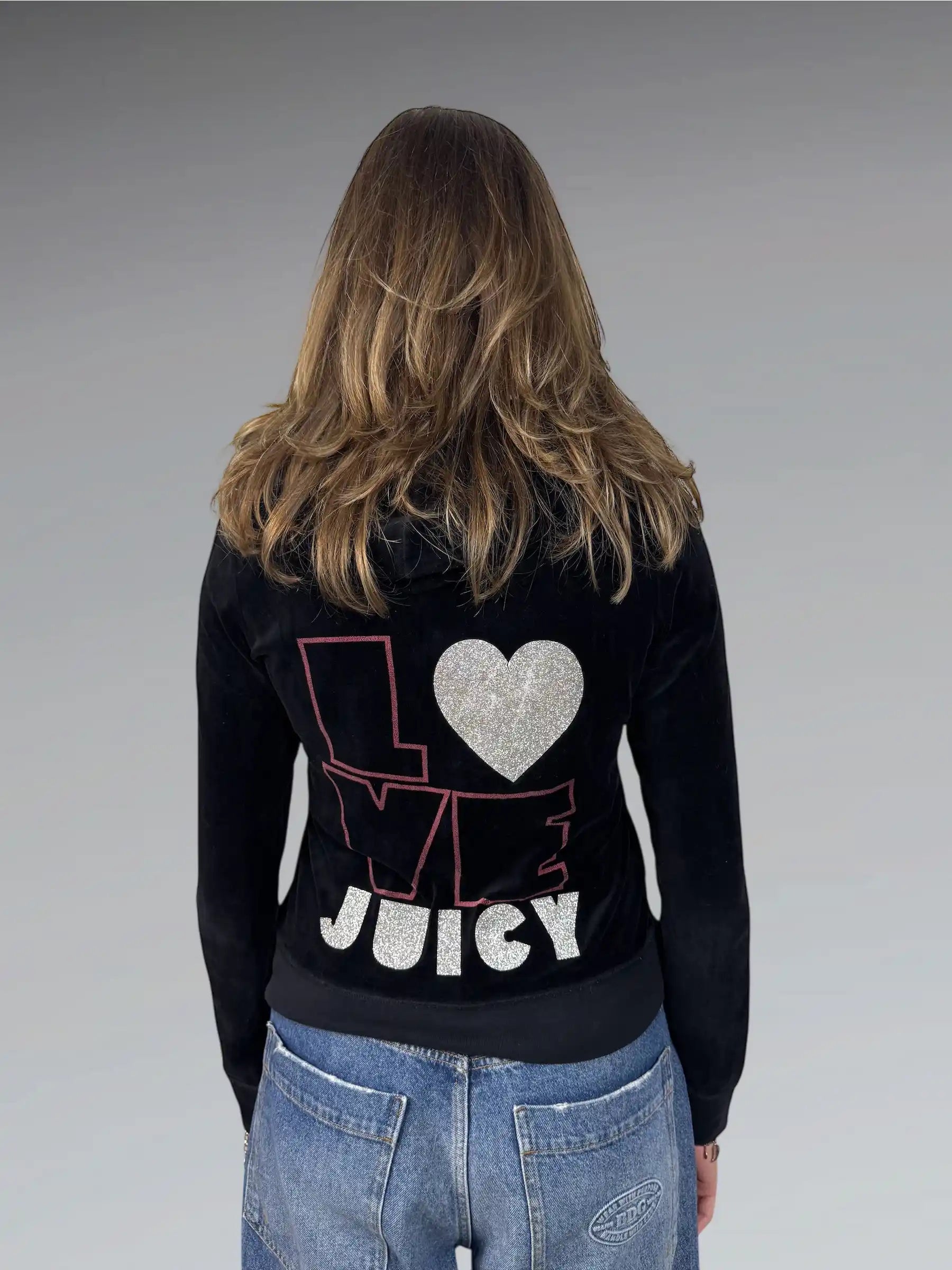 Black Juicy Couture Velour Hoodie with Chain-Trim JC Logo (L)