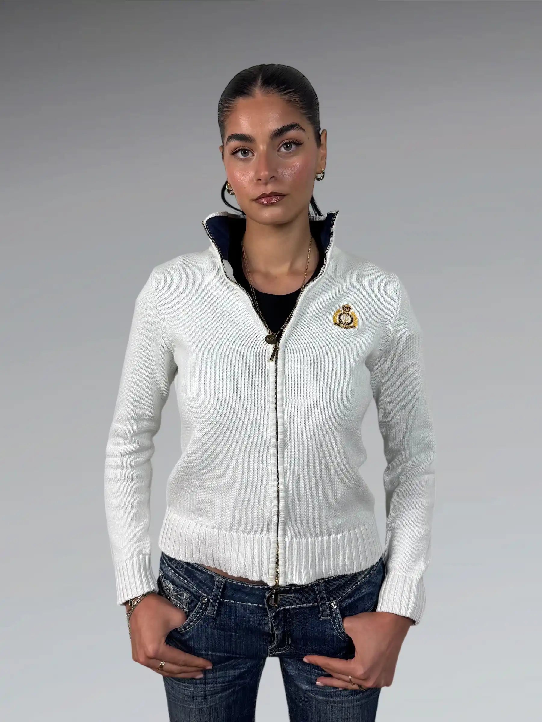 White Polo Ralph Lauren Full-Zip Sweater with Crest Embroidery (S)