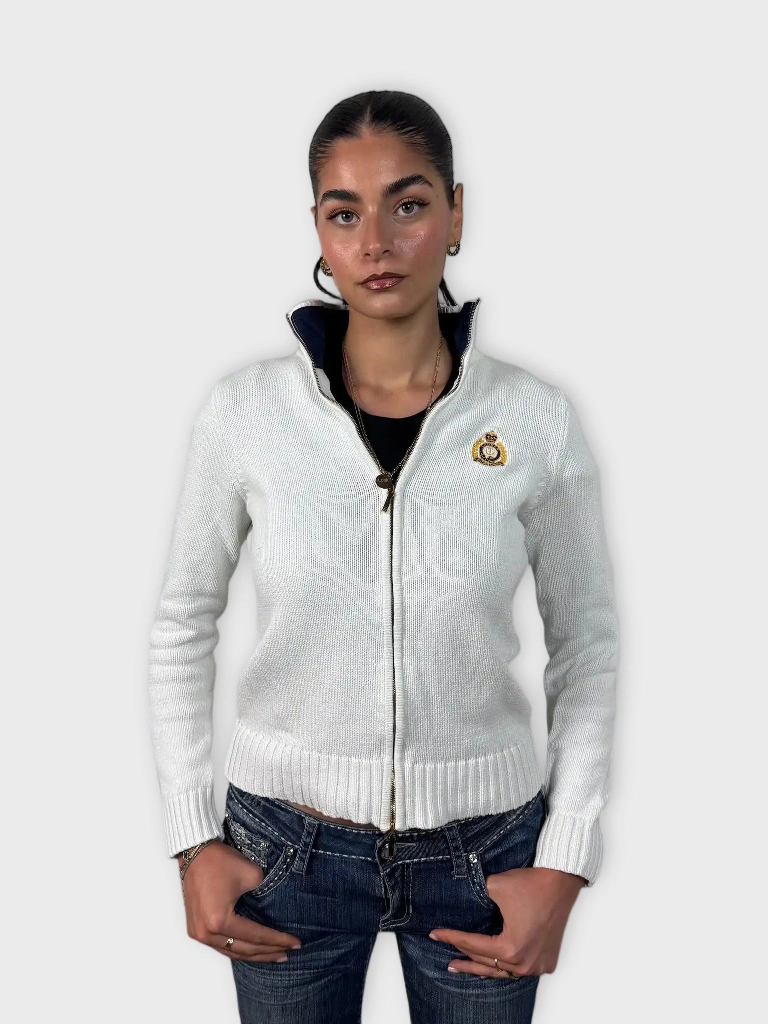 White Polo Ralph Lauren Full-Zip Sweater with Crest Embroidery (S)