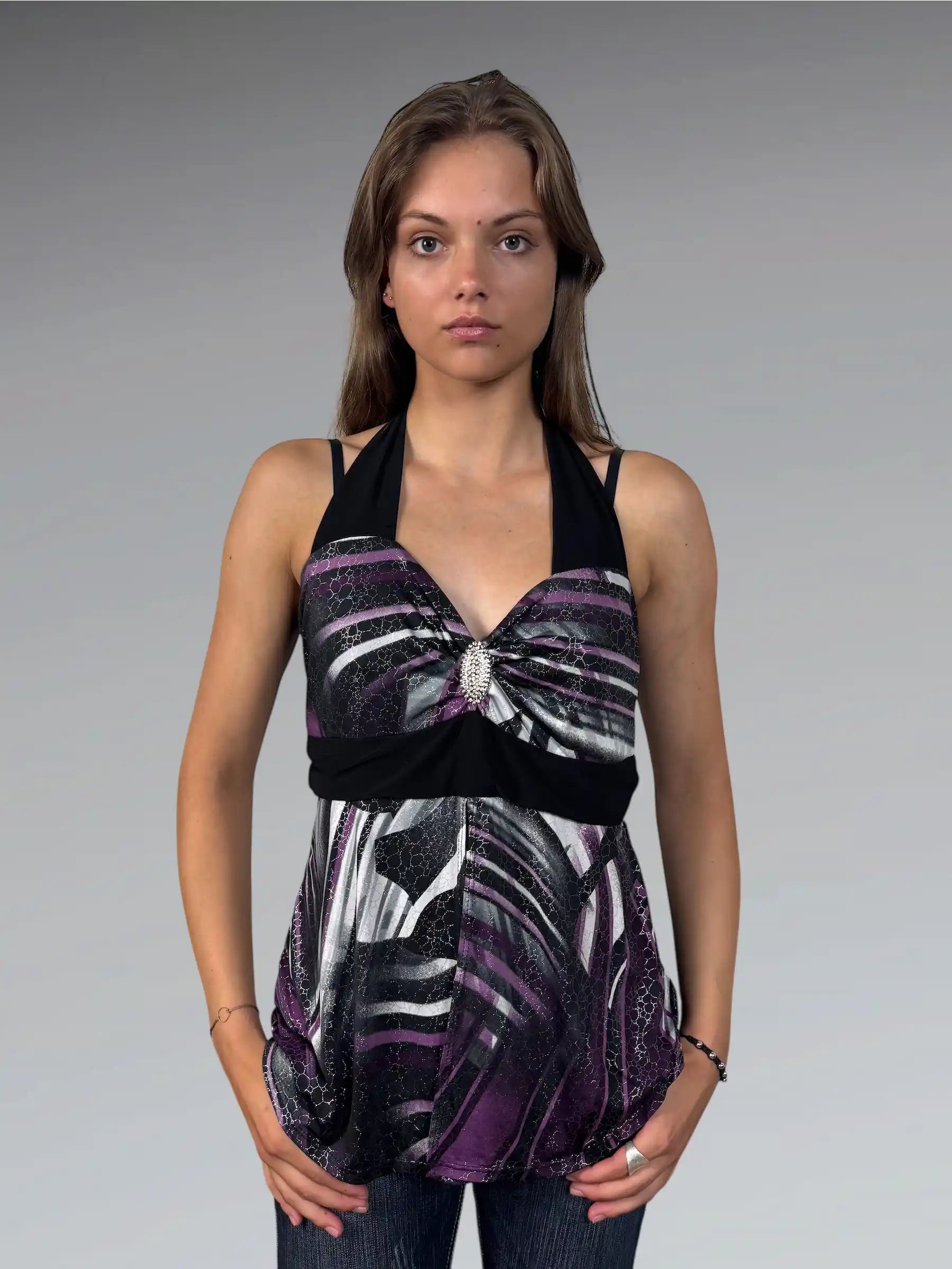 Black Purple Pattern Halterneck Top (S)
