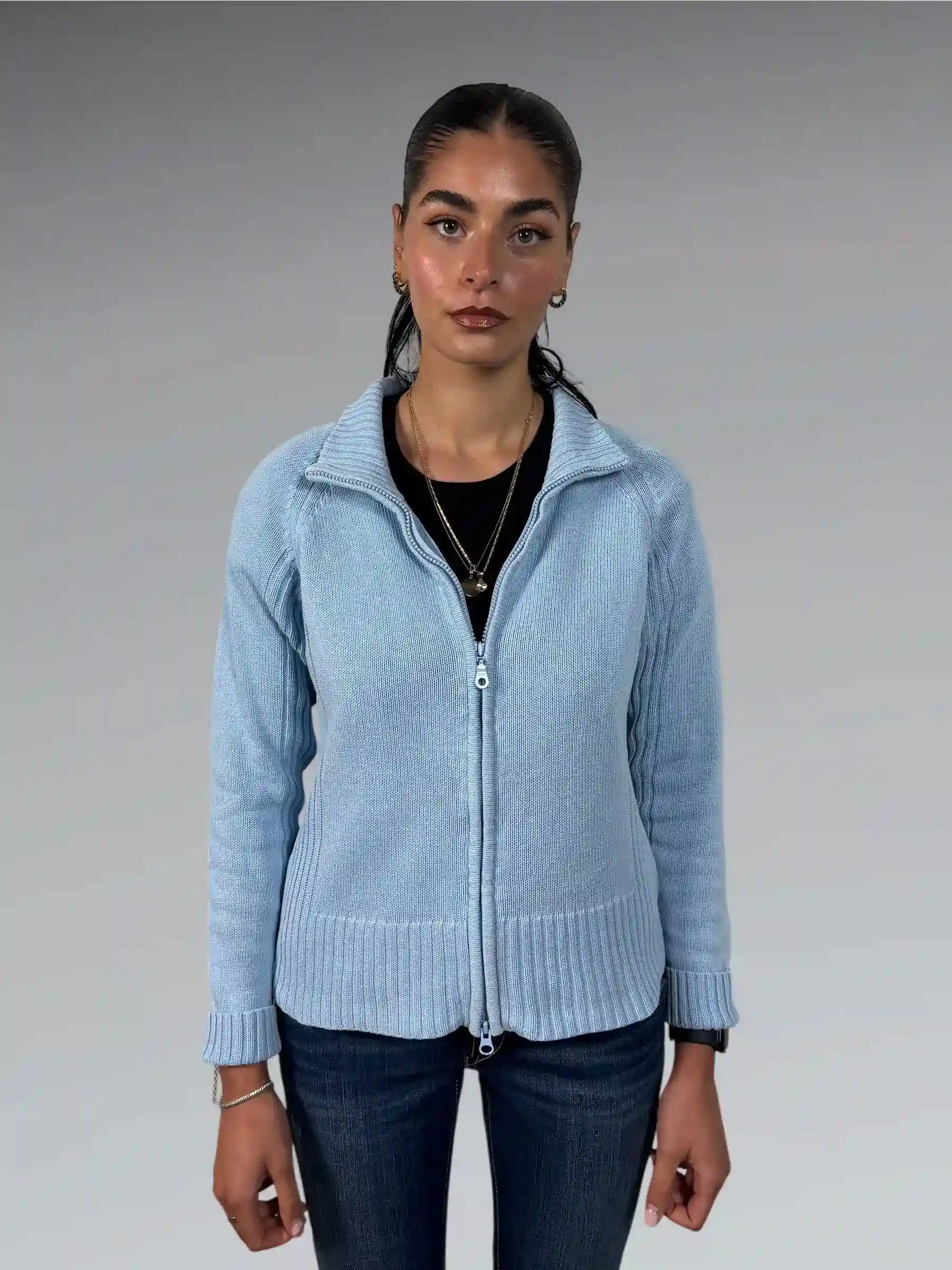 Turquoise Knit Zip-Up Cardigan (S)
