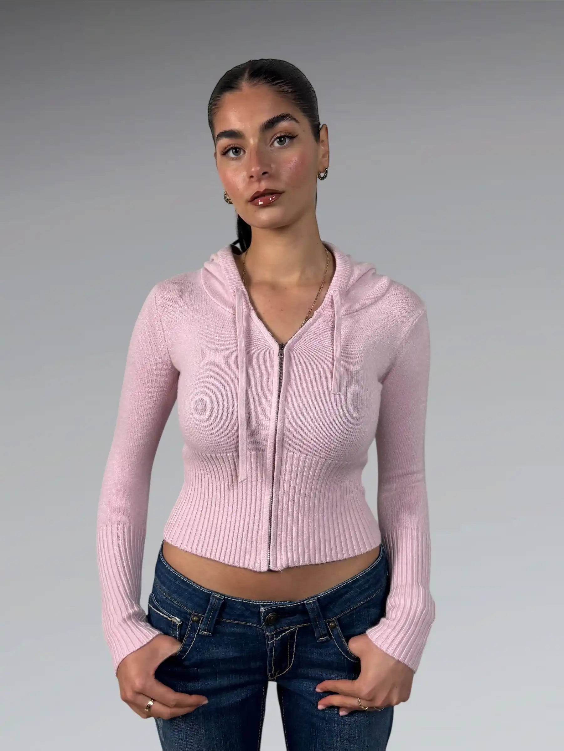 Soft Pink Hooded Zip-Up Knit Jacket (XXS)