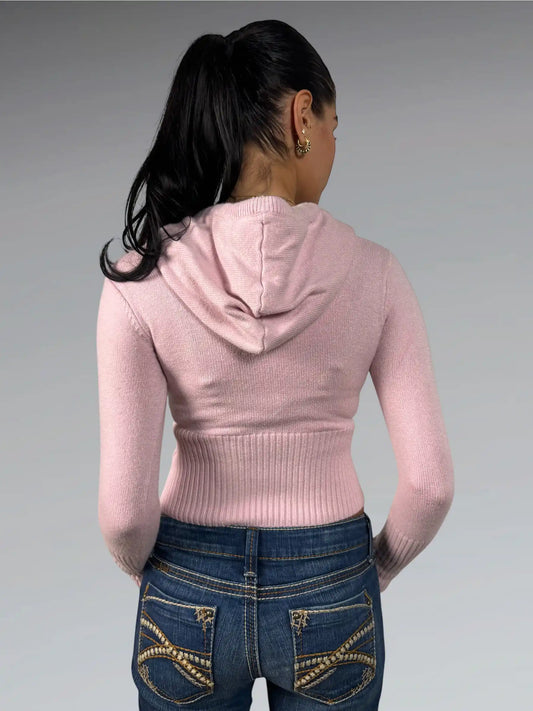 Soft Pink Hooded Zip-Up Knit Jacket (XXS)