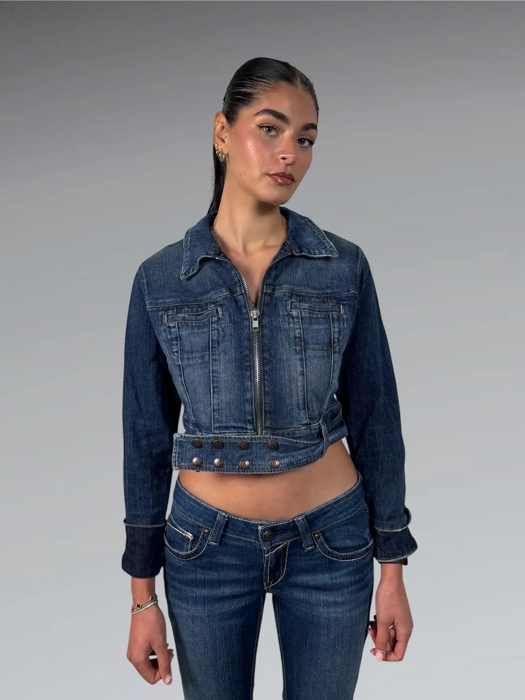 Guess Cropped Zip-Up Denim Jacket (S)