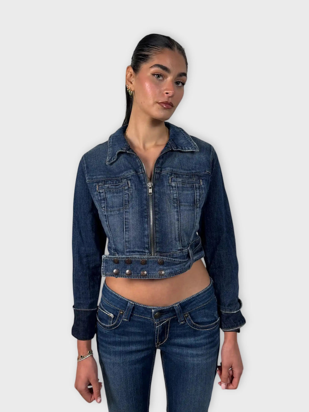 Guess Cropped Zip-Up Denim Jacket (S)