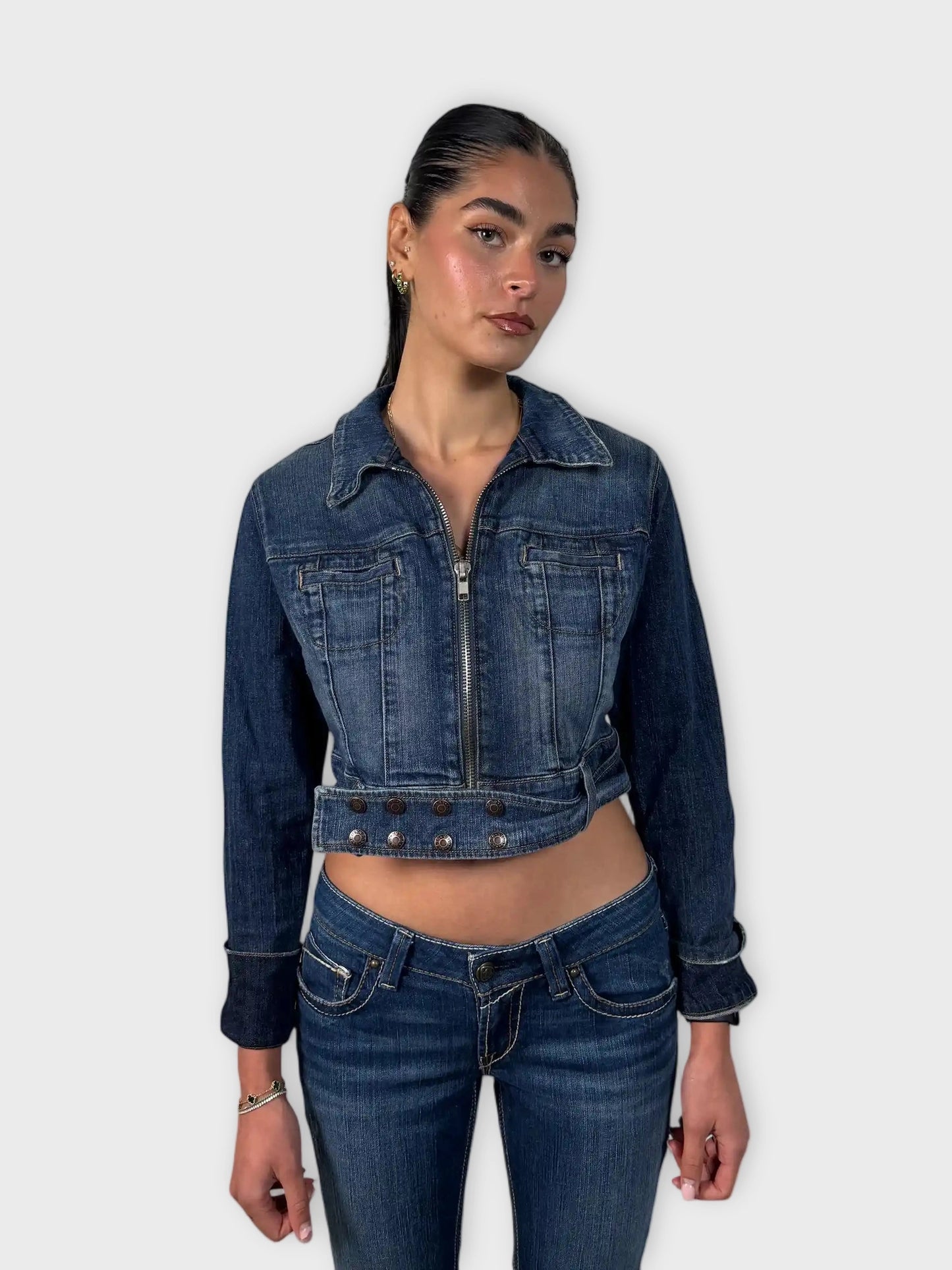 Guess Cropped Zip-Up Denim Jacket (S)
