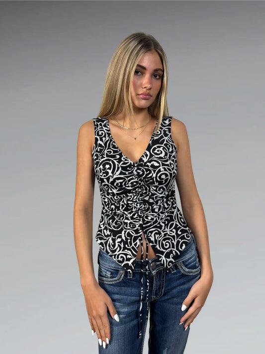 Black and White Baroque Pointed Hem Top (XS)