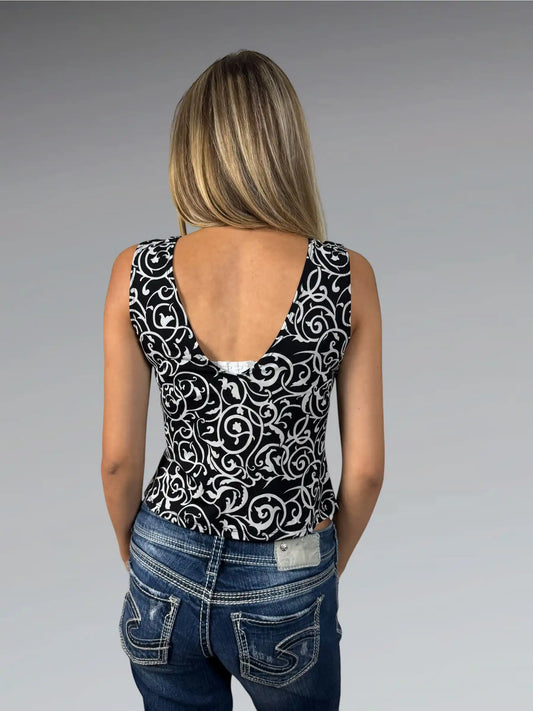 Black and White Baroque Pointed Hem Top (XS)