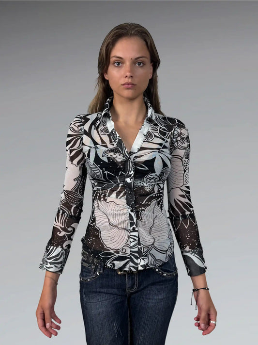 Cadve Floral Black White Pattern Vintage Top (XS)