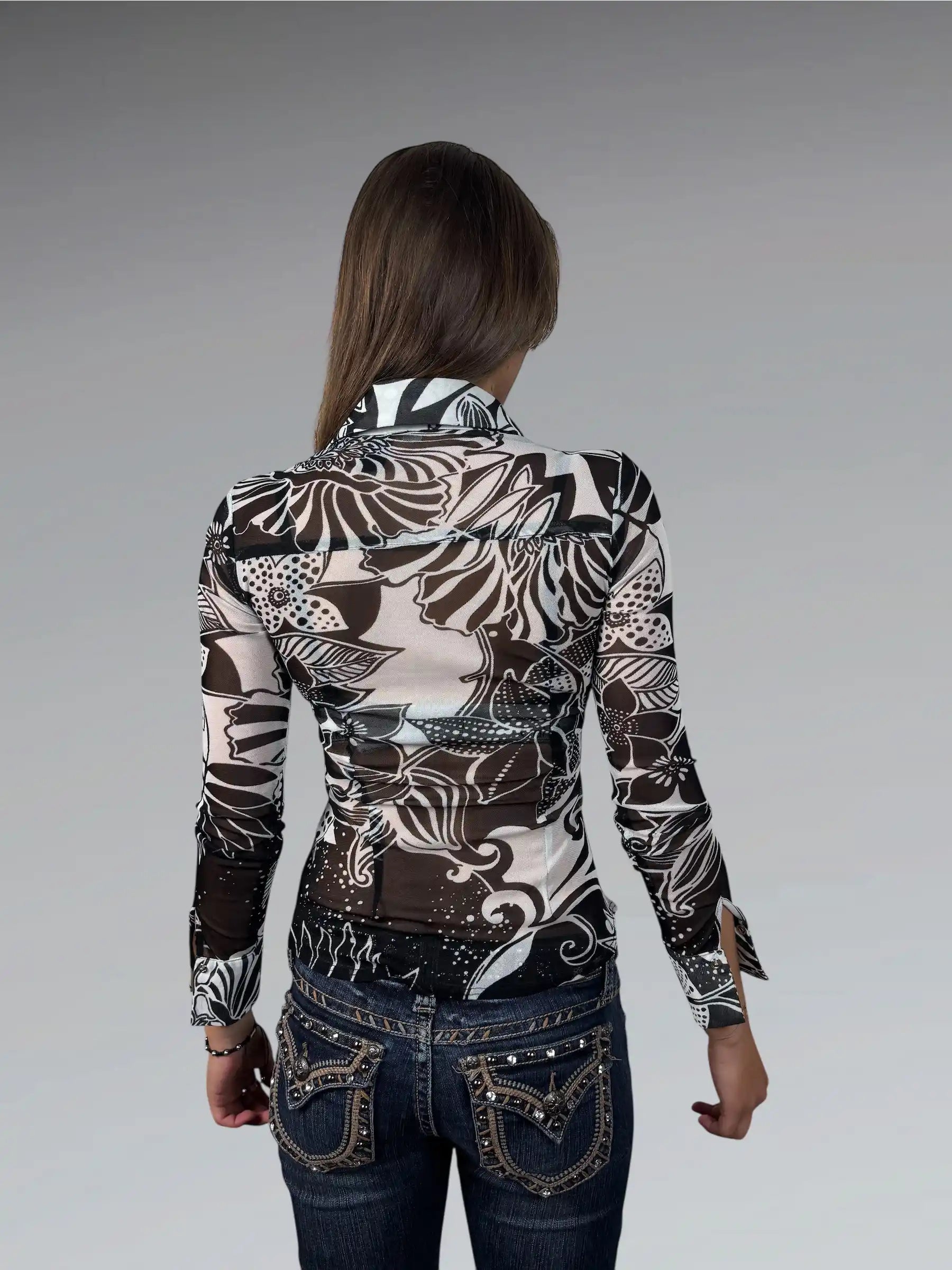 Cadve Floral Black White Pattern Vintage Top (XS)