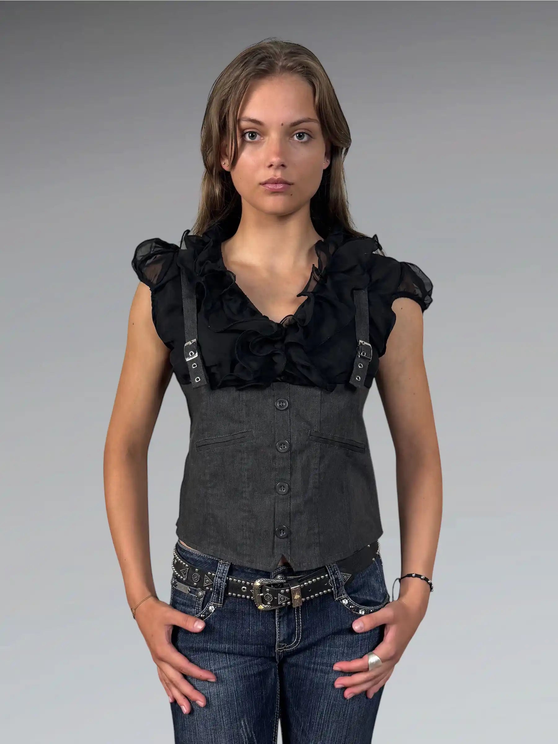 Black and Grey Ruffled Corset Top (S)