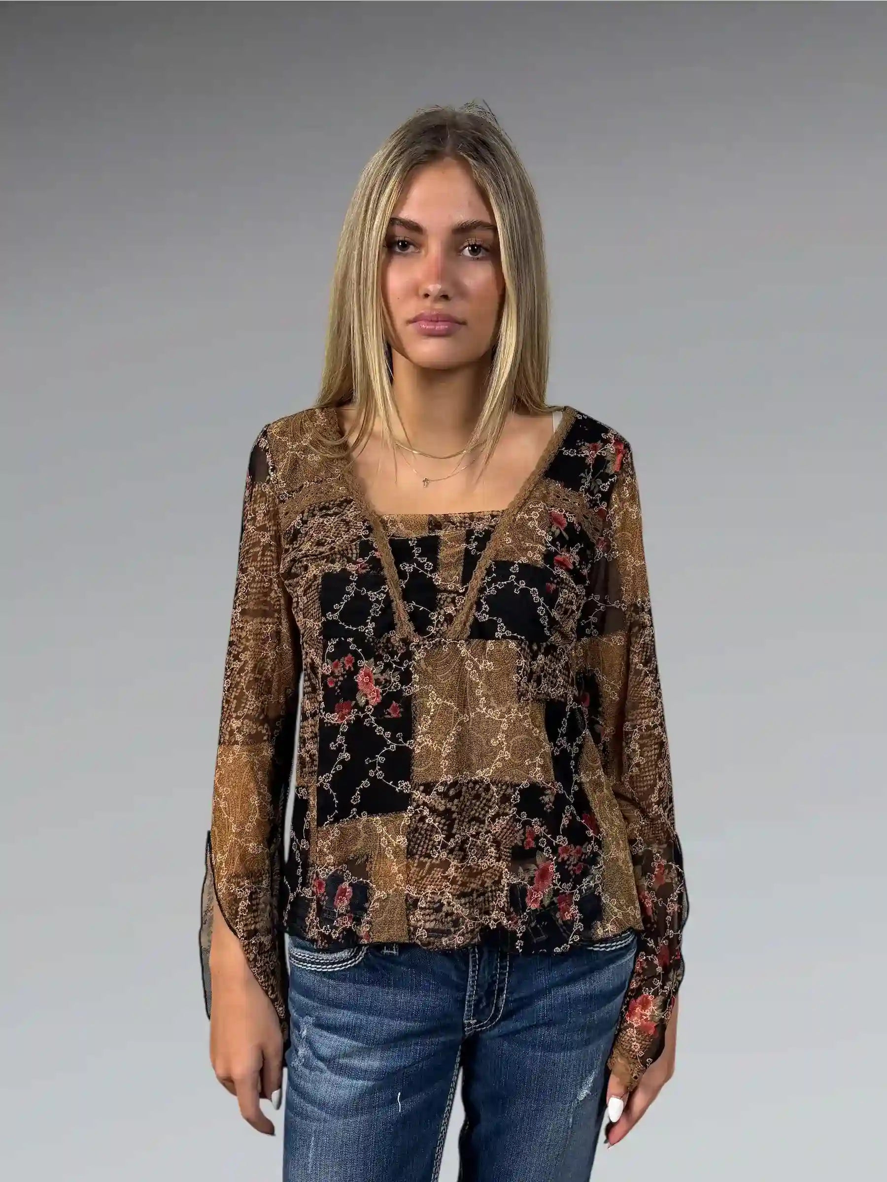 Earthtone Floral V-Neck Boho Blouse (S)