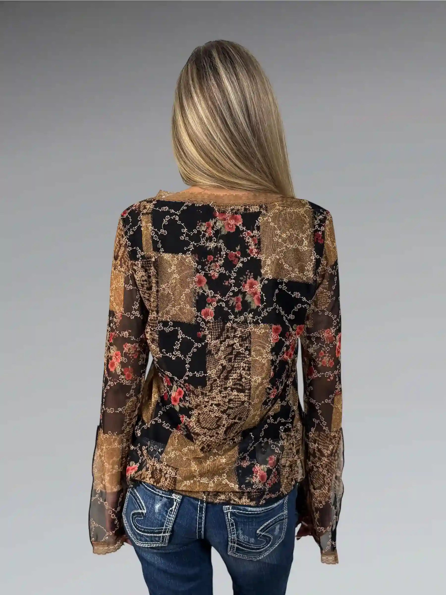 Earthtone Floral V-Neck Boho Blouse (S)