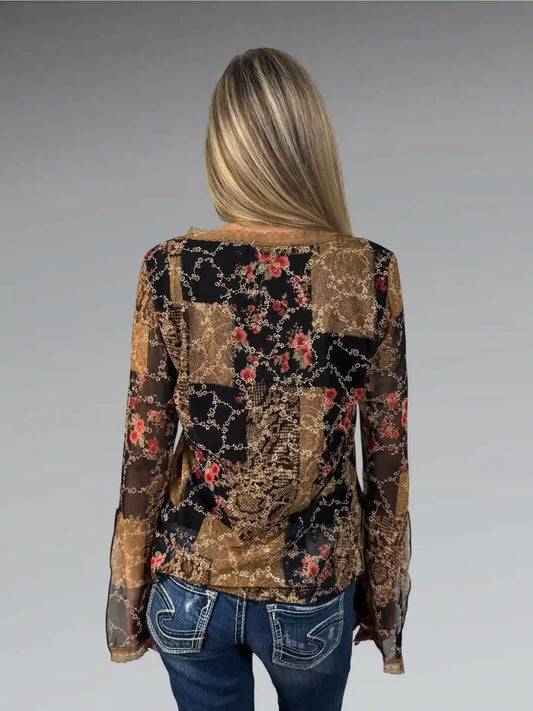 Earthtone Floral V-Neck Boho Blouse (S)