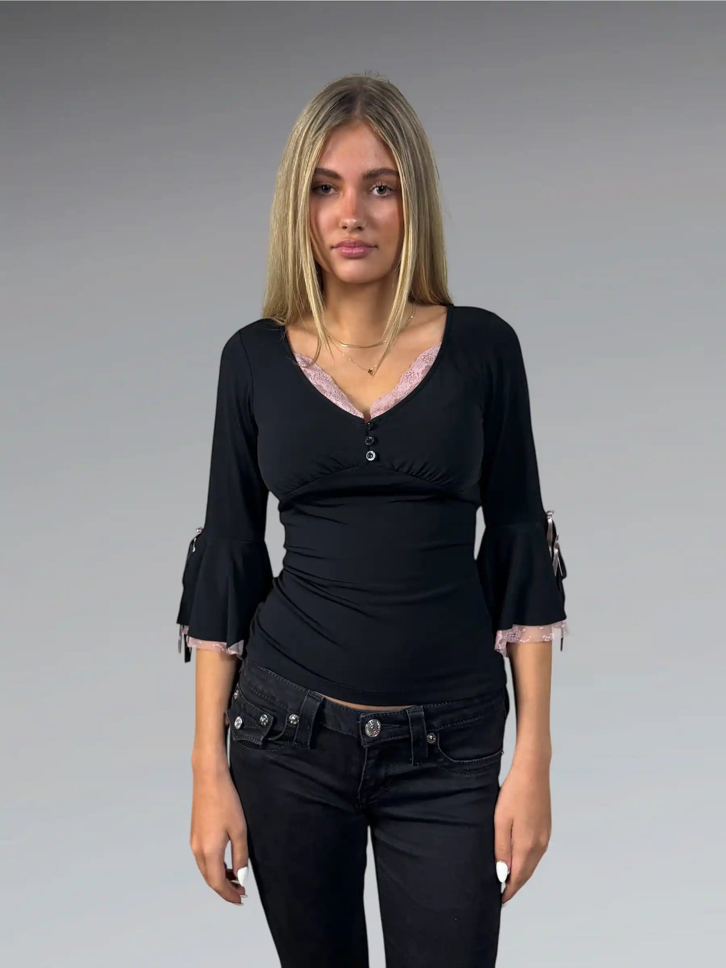 Bisou Bisou Lace Bell-Sleeve Black Top (S)