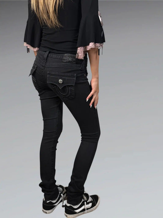 Black Slim-Fit Jeans with Flap Pockets (S)