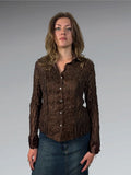 Retro Brown Satin Collar Embellished Button-Up (S)
