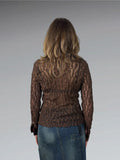 Retro Brown Satin Collar Embellished Button-Up (S)