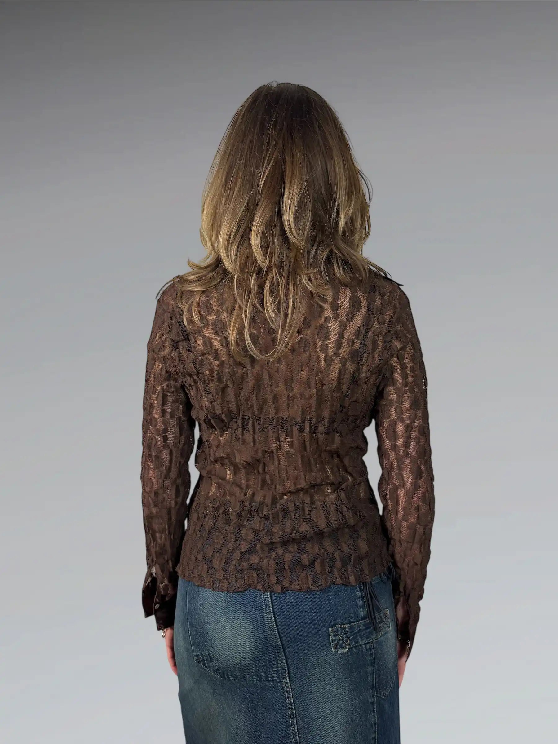 Retro Brown Satin Collar Embellished Button-Up (S)