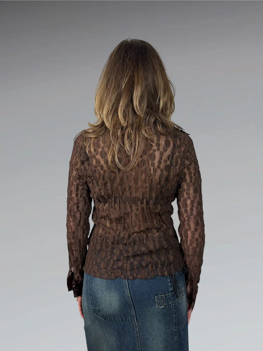 Retro Brown Satin Collar Embellished Button-Up (S)