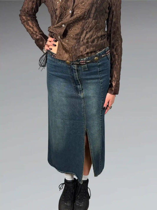 Denim Maxi Skirt with Front Slit (M)
