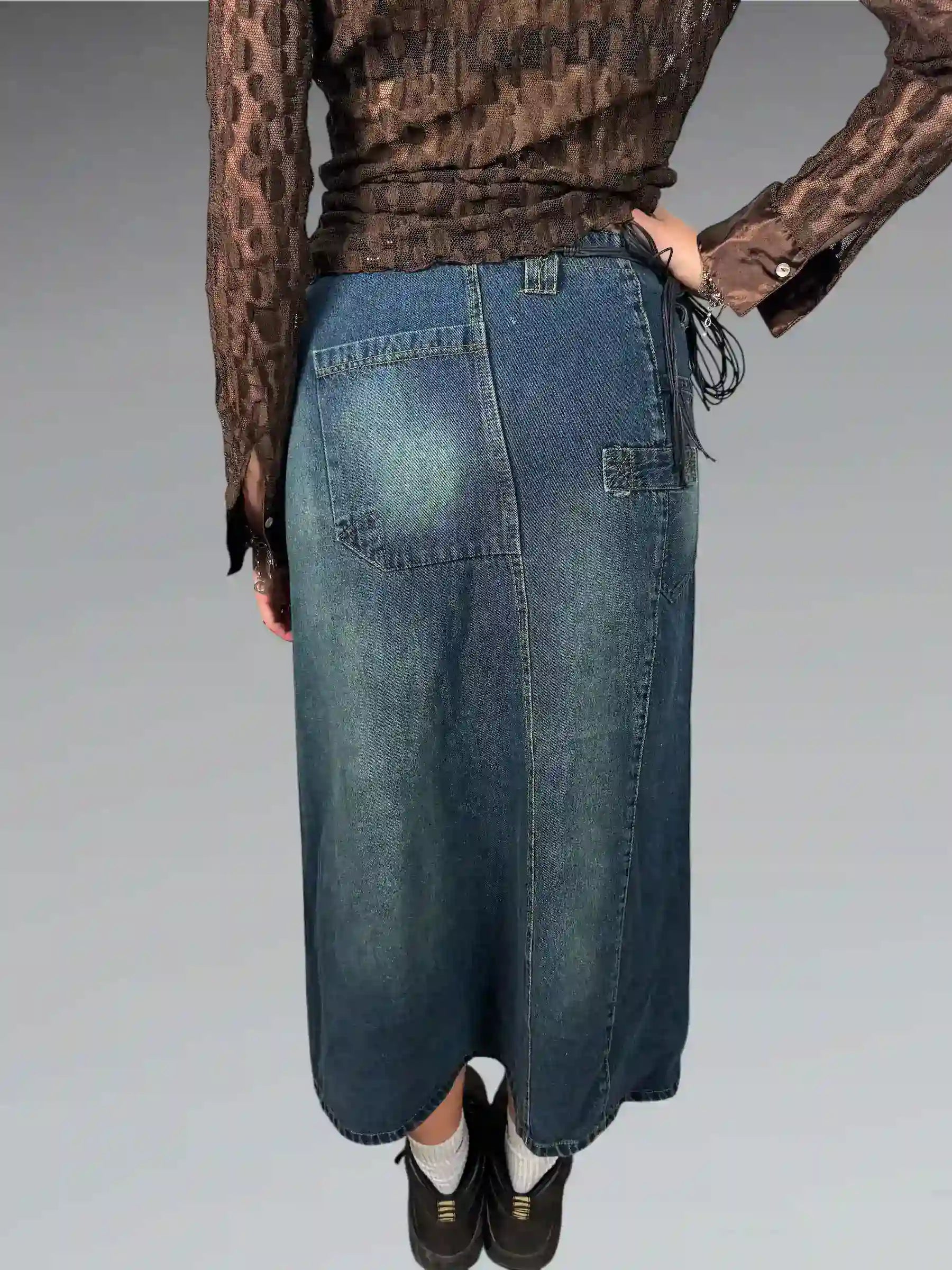 Denim Maxi Skirt with Front Slit (M)