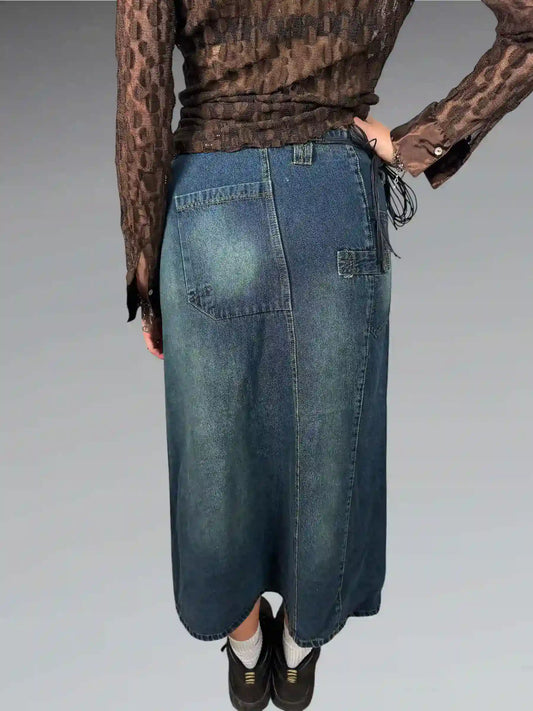Denim Maxi Skirt with Front Slit (M)