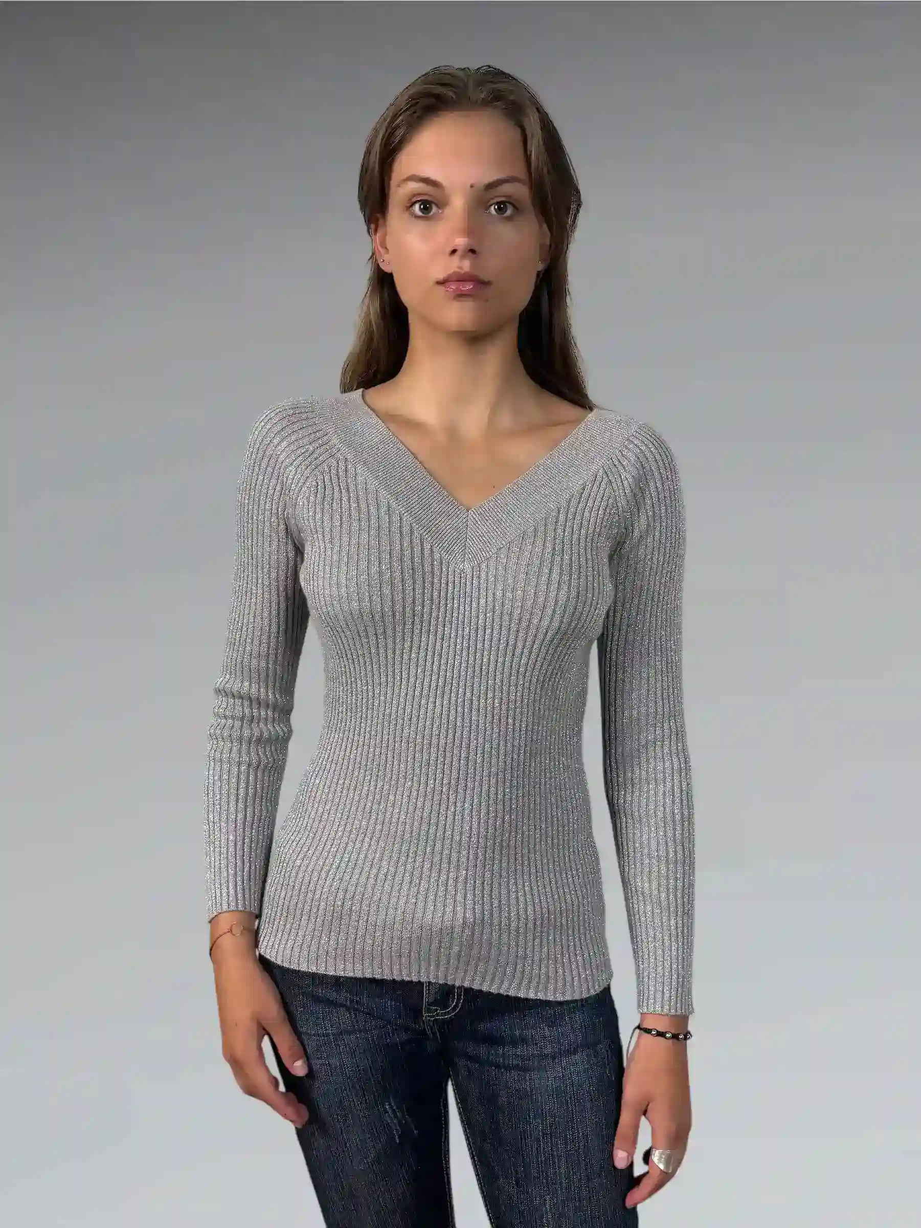 Grey Shimmer V-Cut Knit Sweater (S)