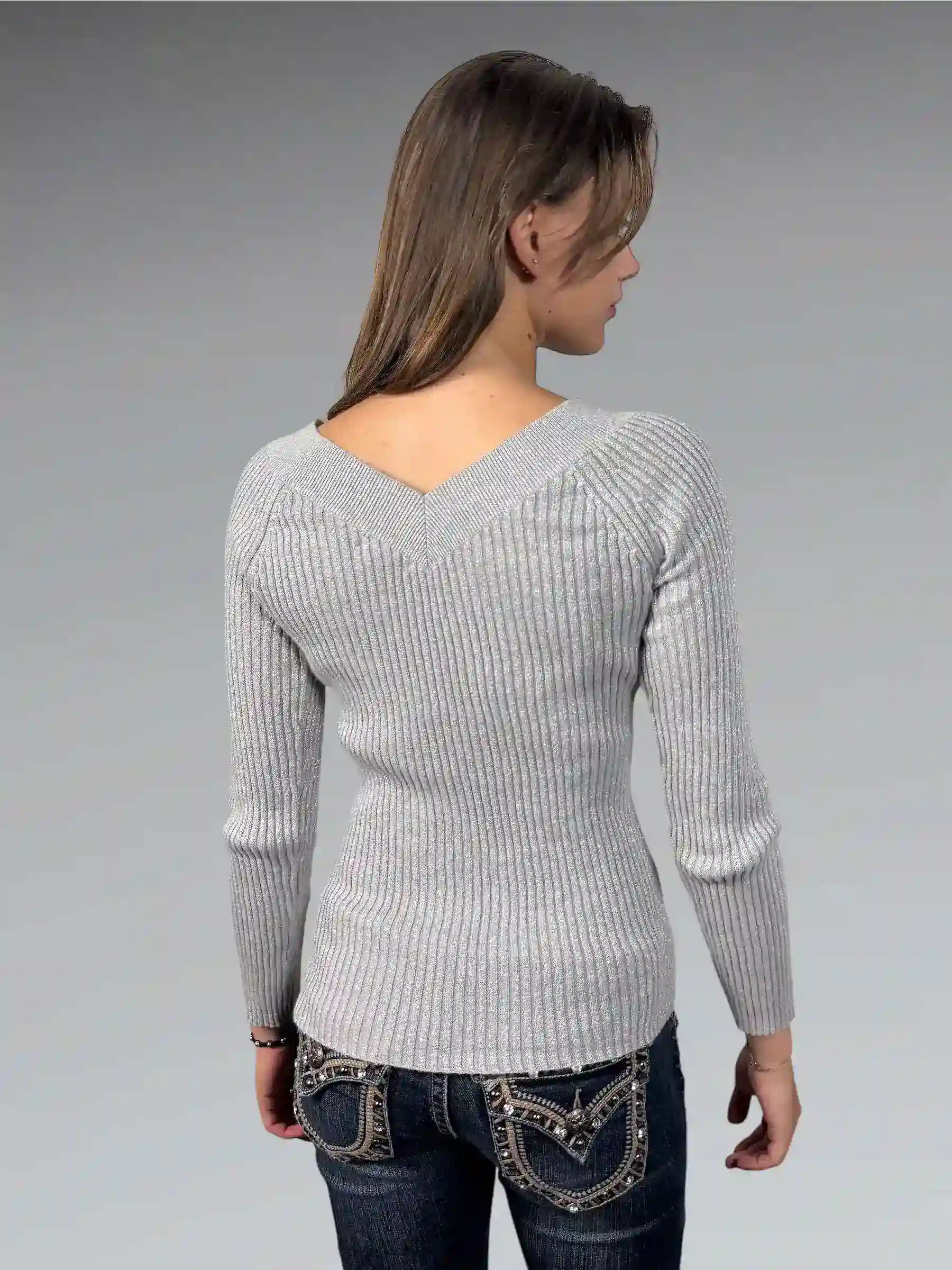 Grey Shimmer V-Cut Knit Sweater (S)