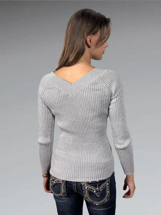 Grey Shimmer V-Cut Knit Sweater (S)