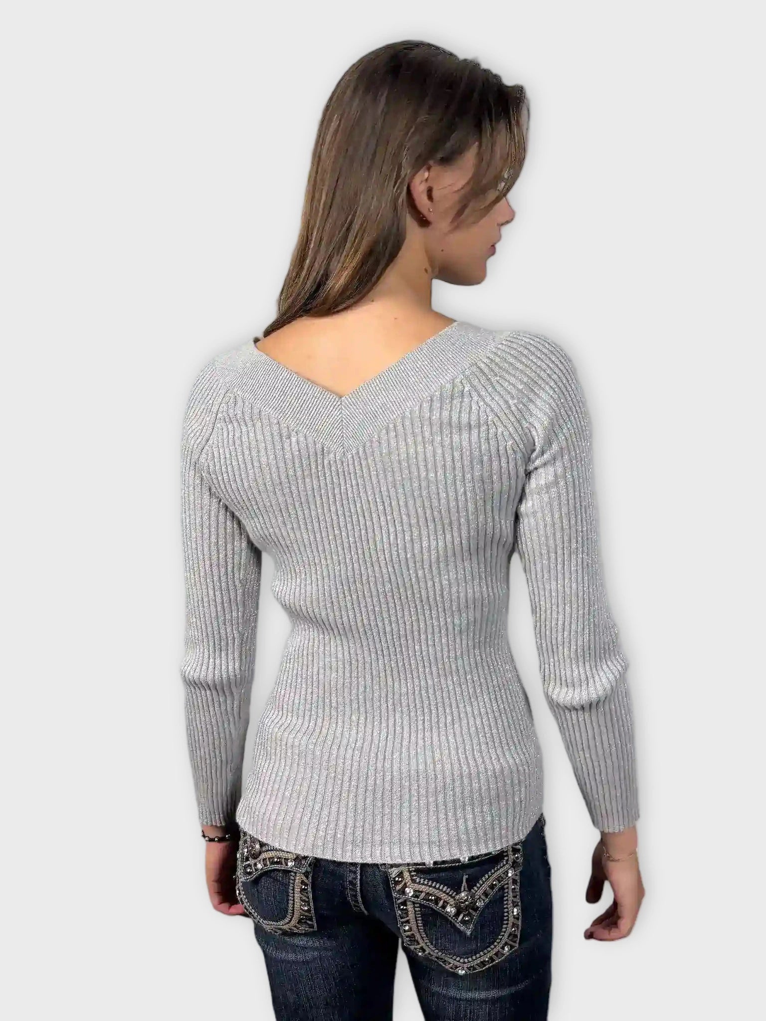 Grey Shimmer V-Cut Knit Sweater (S)