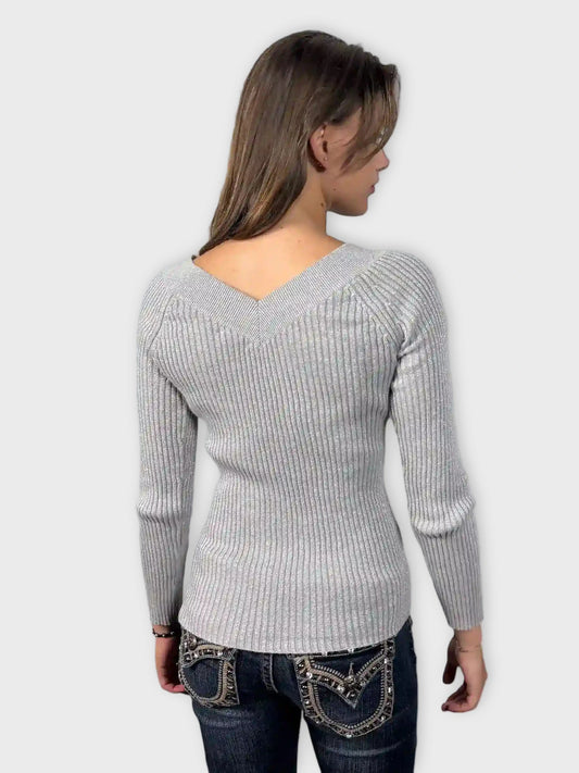 Grey Shimmer V-Cut Knit Sweater (S)