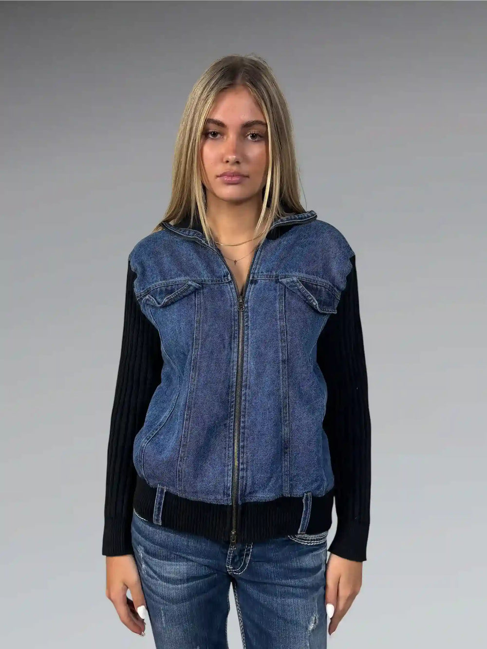 KiKit Studio Black Knit Sweater with Denim Front (L)