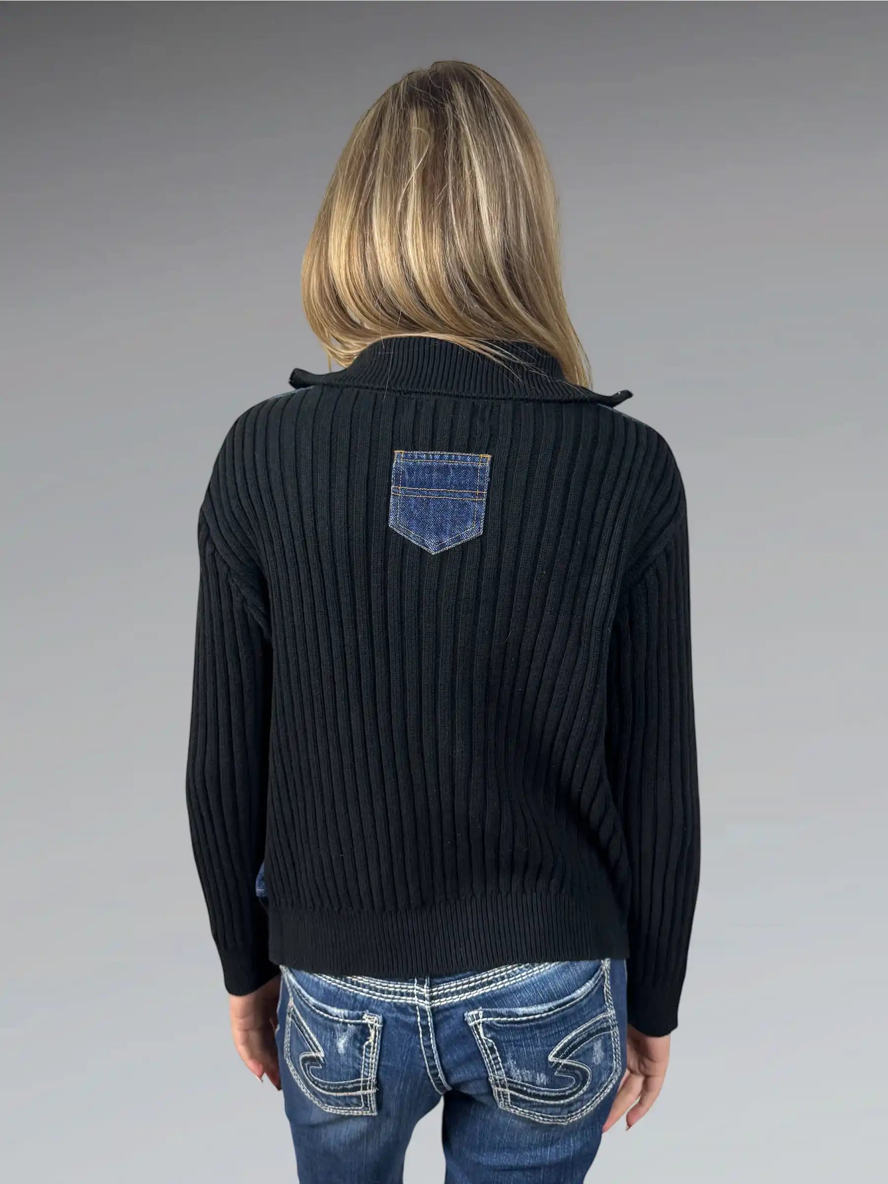 KiKit Studio Black Knit Sweater with Denim Front (L)