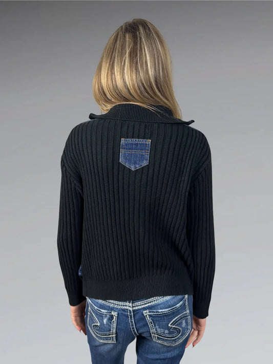 KiKit Studio Black Knit Sweater with Denim Front (L)
