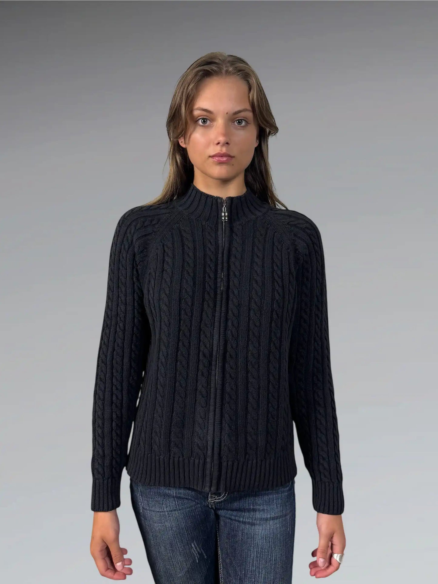 Black Cable Knit Zip Sweater (L)