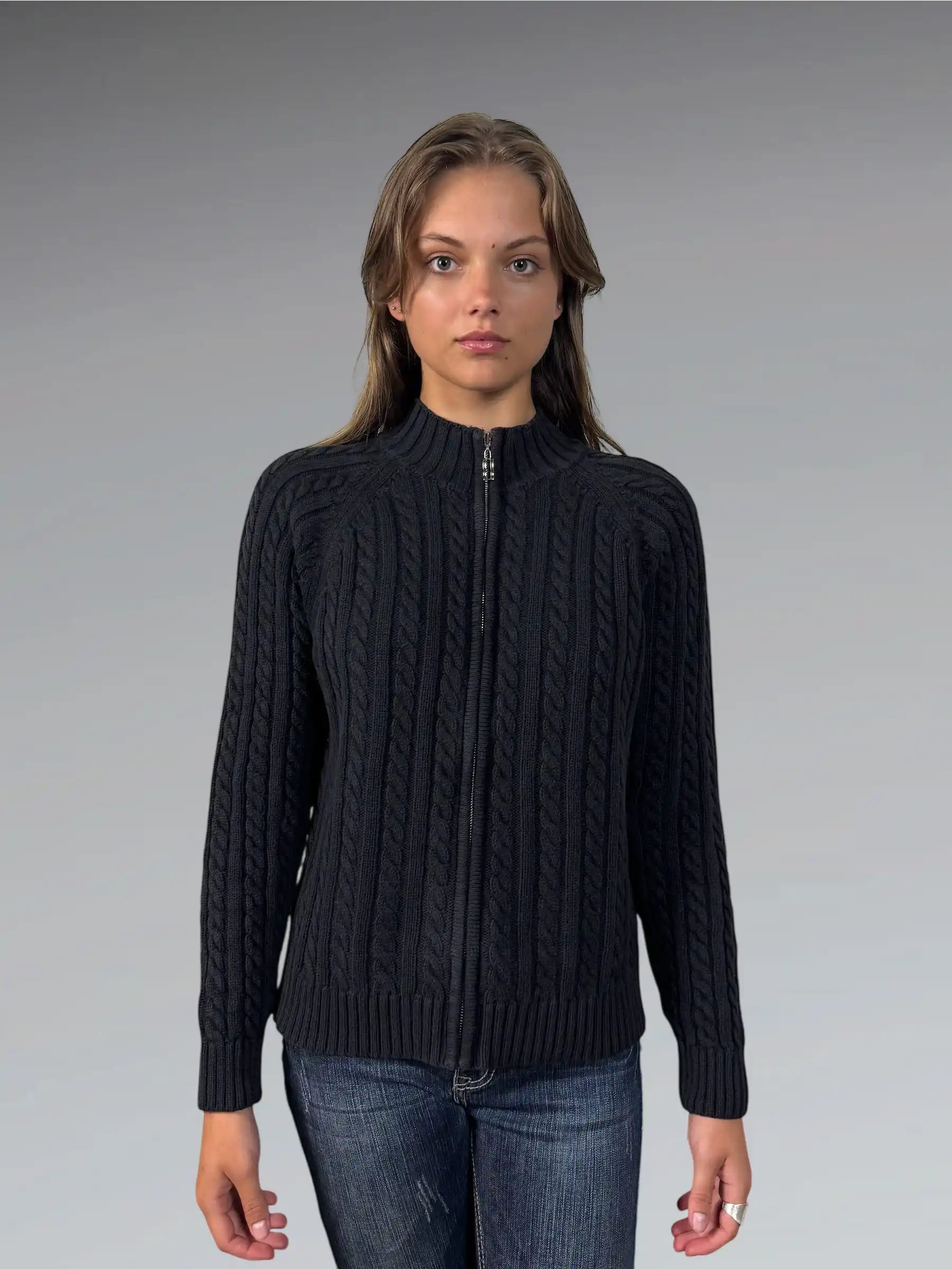 Black Cable Knit Zip Sweater (L)