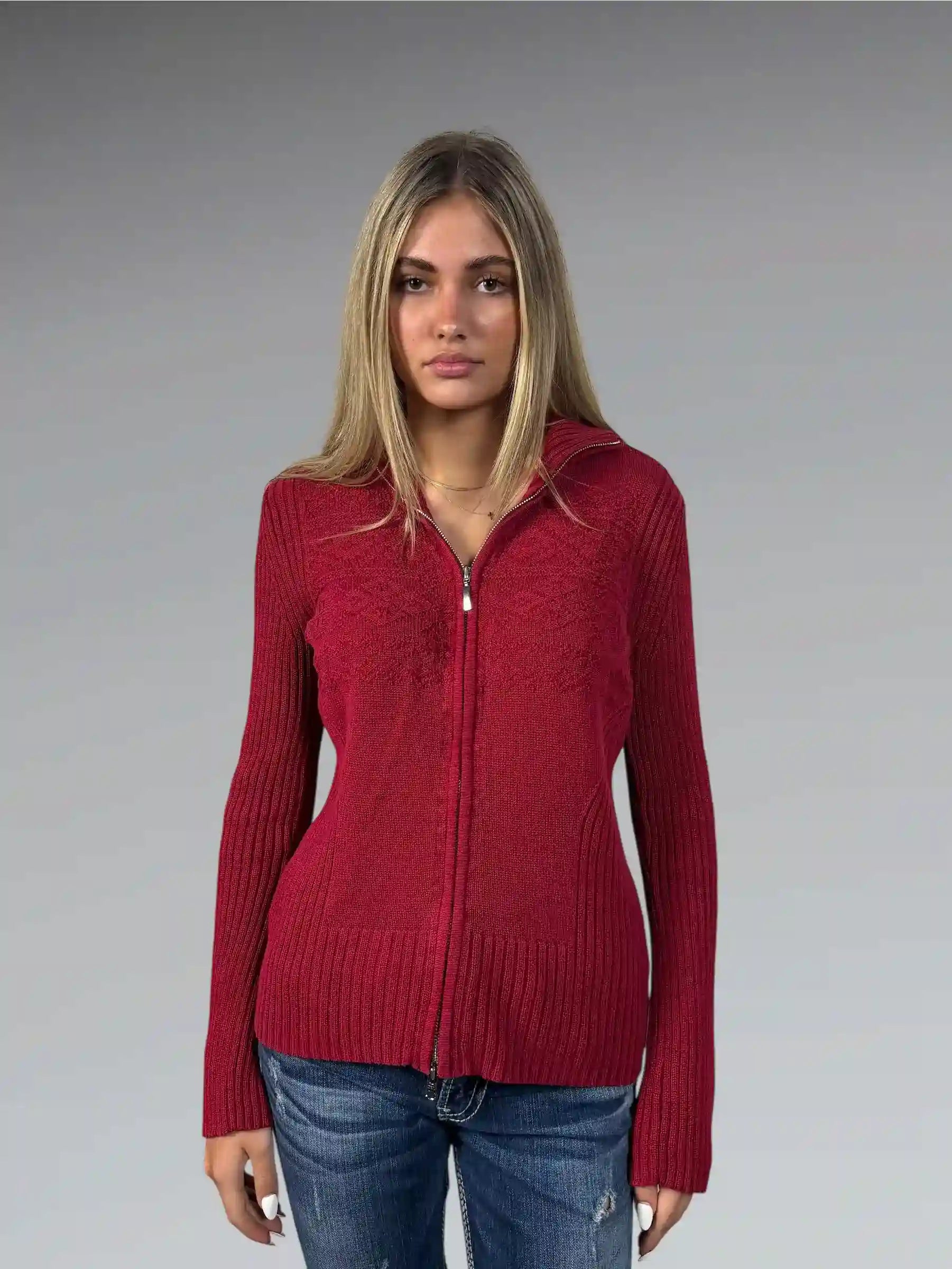 Red Ribbed Knit Sweater with Subtle Pattern (M)